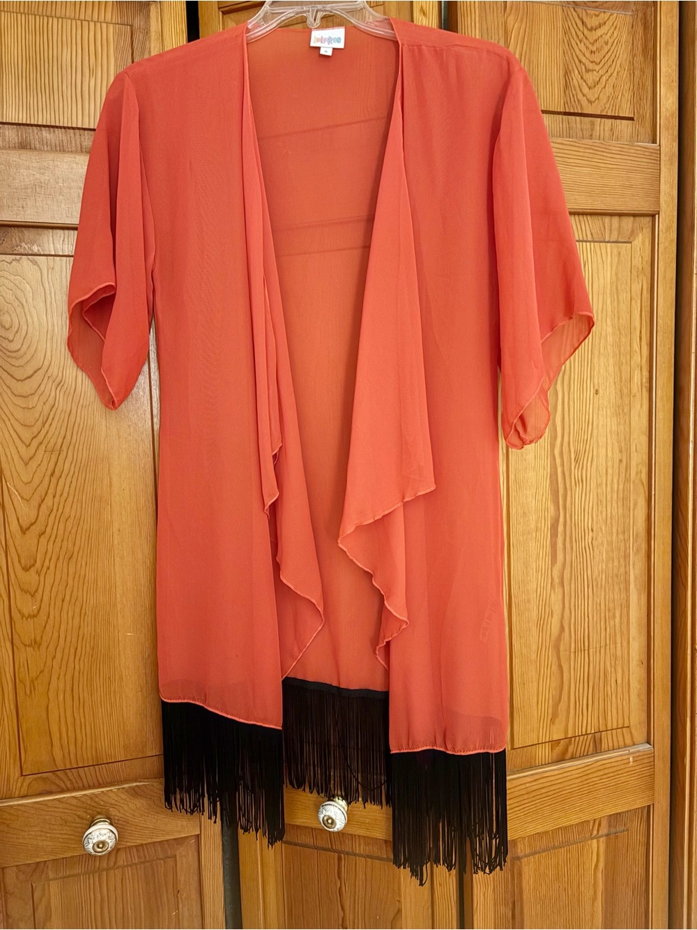 LuLaRoe Coral Open-Front Duster with Black Fringe